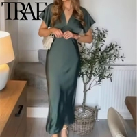 TRAF 2025 Woman Fashion Silk Texture Midi Dress Casual Slim Short Sleeve V Neck Midi Long Dresses Vestidos Pink Mujer