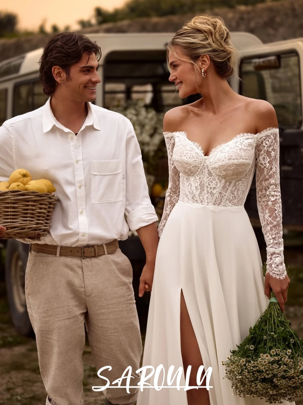 

Flowy Chiffon Elegant Lace Wedding Dress Off Shoulder Newest Simple Long Bride Wear Customized Sexy Side Split Bridal Gown