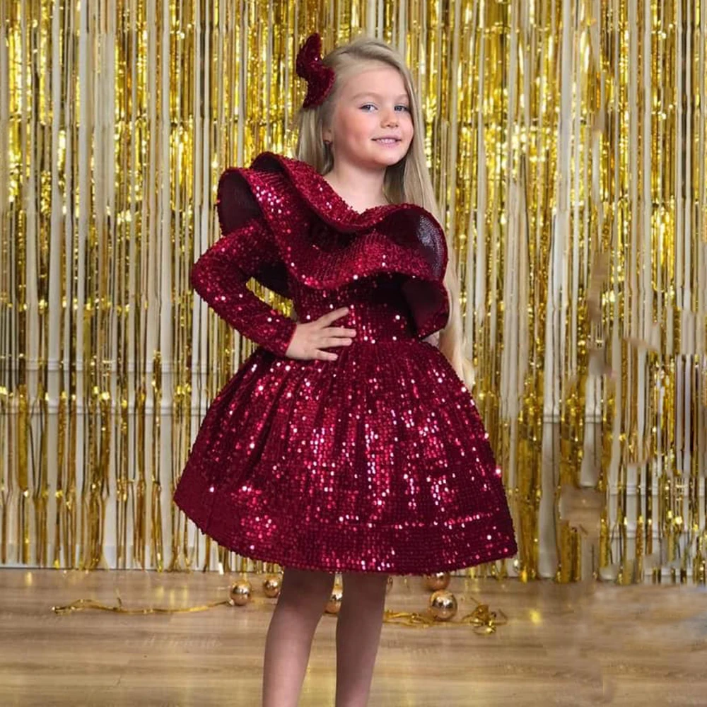 Yipeisha Burgundy Flower Girl Dress One Shoulder Long Sleeve Sparkling Sequin A Line Knee Length Pageant Kids Party Gown