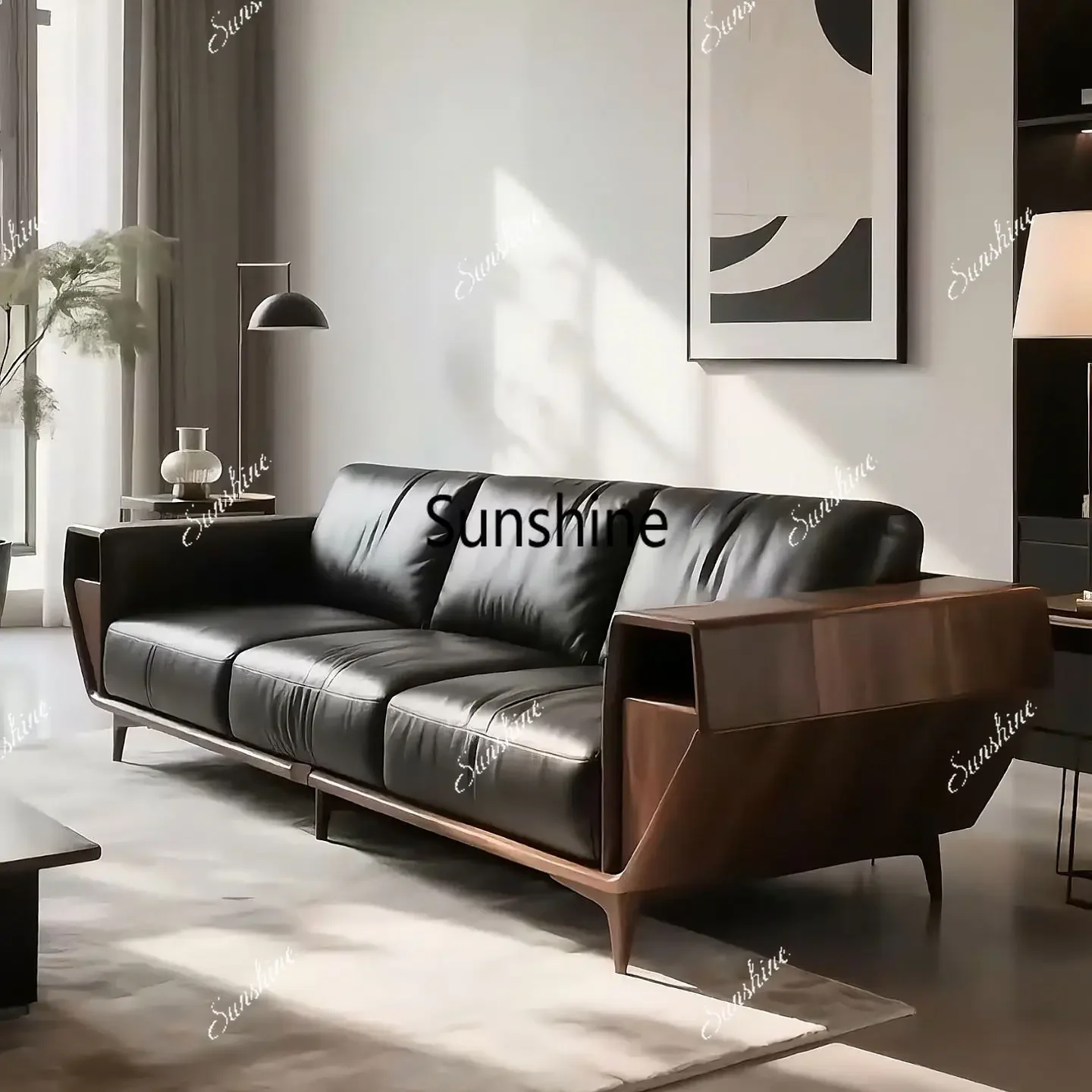 

YItalian straight row villa living room modern simple light luxury solid wood leather sofa