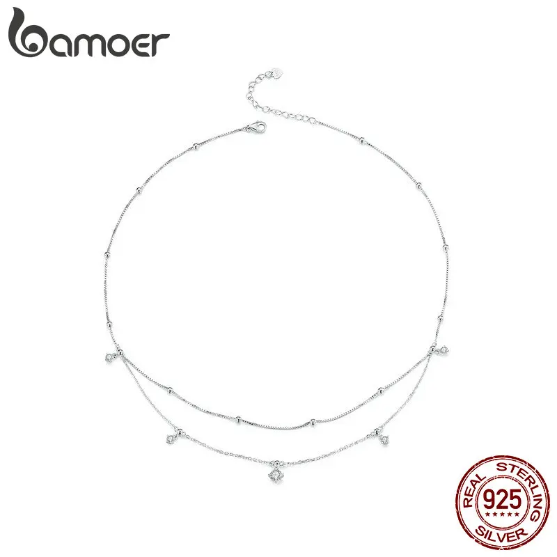 Bamoer 925 Sterling Silver Shining Luxury Tassel Moissanite Pendant Necklace Double-layer Necklace for Women Mother's Day Gift