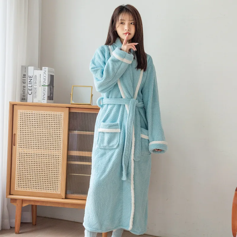 

Coral Fleece Robe Women Warm Sleepwear with Pocket Soft Nightgown Loungewear Peignoirs Autumn Winter New Shower Kimono Gown