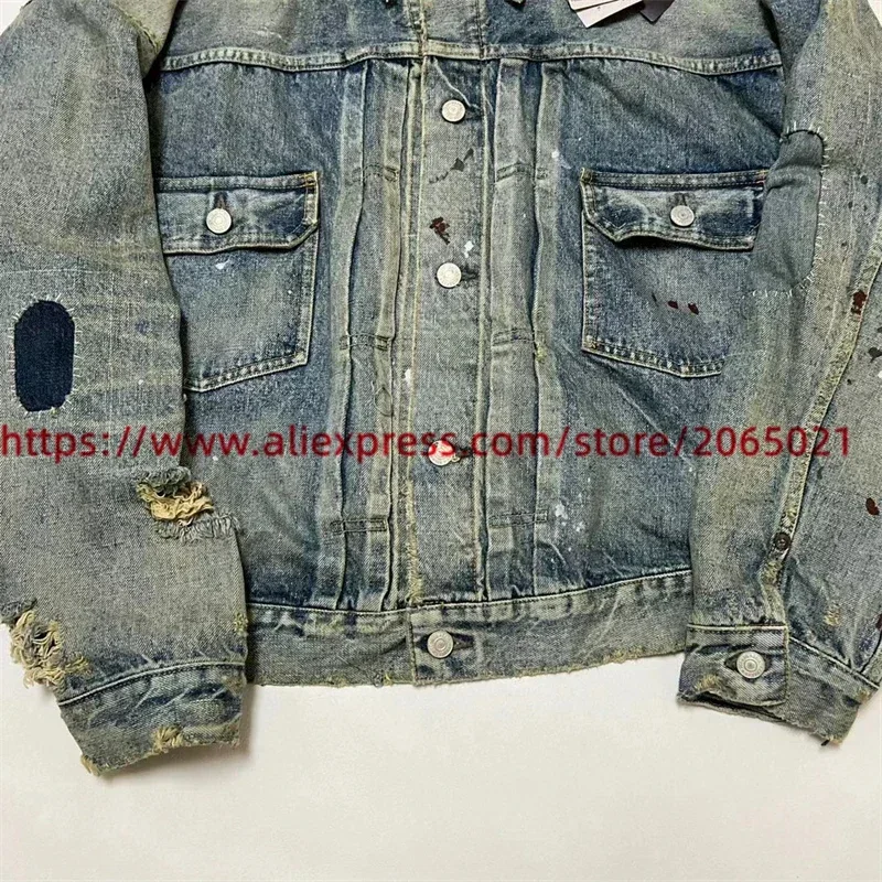 Washed SAINT DAMAGE Denim Work Jacket Jeans Men Women Best Quality Make Old Blue Heavy Fabric Coat