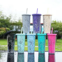 710ml Double Layers 	Cold Drink Cup Straw Cups BPA Free Glitter Water Bottle Tea Cup Coffee Mug Tumblers Casual Drinking Cup