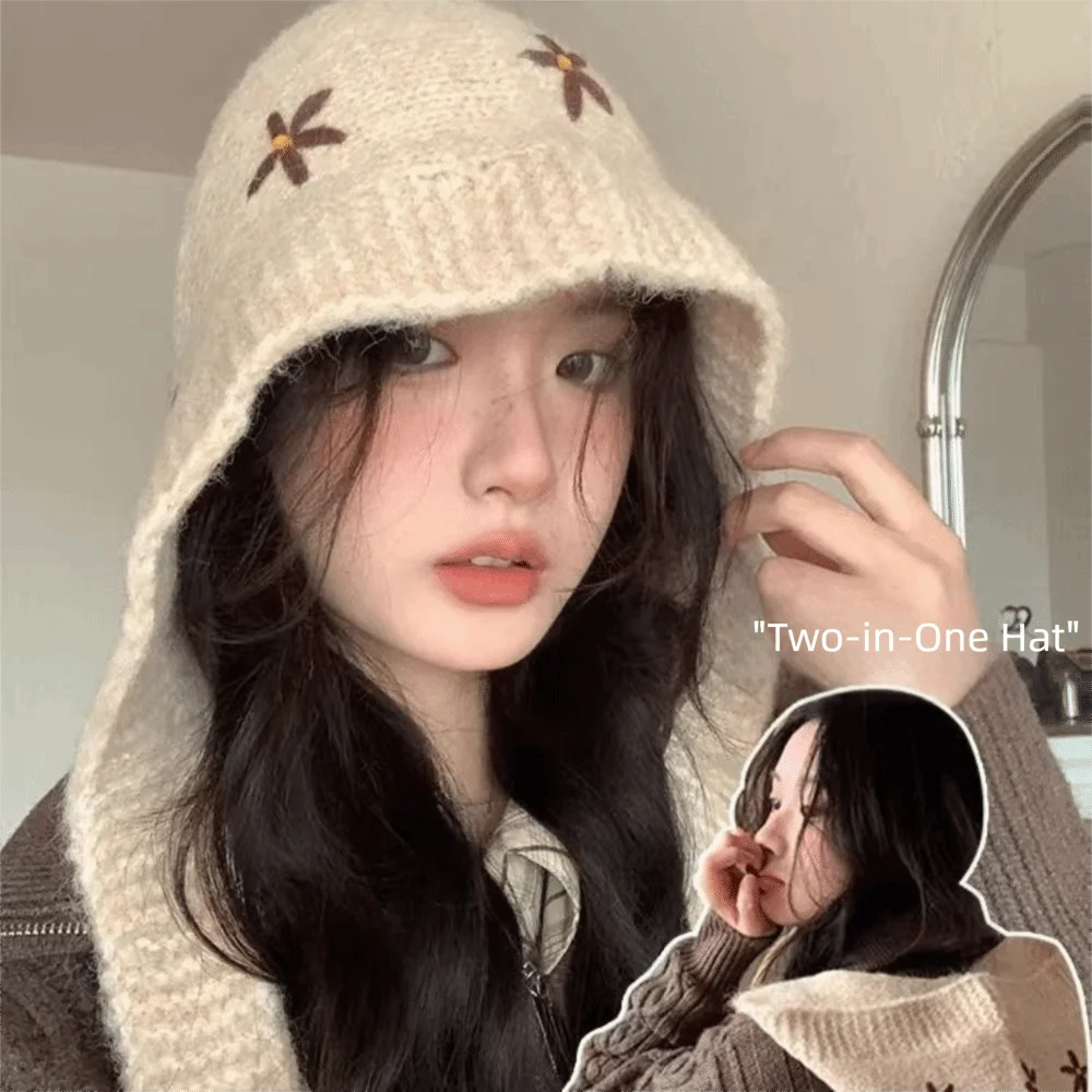 

Polyester Material Knitted Balaclava Hat Woolen Fabric Knit Design Embroidered Flowers Hat Solid Color Windproof Pullover Cap