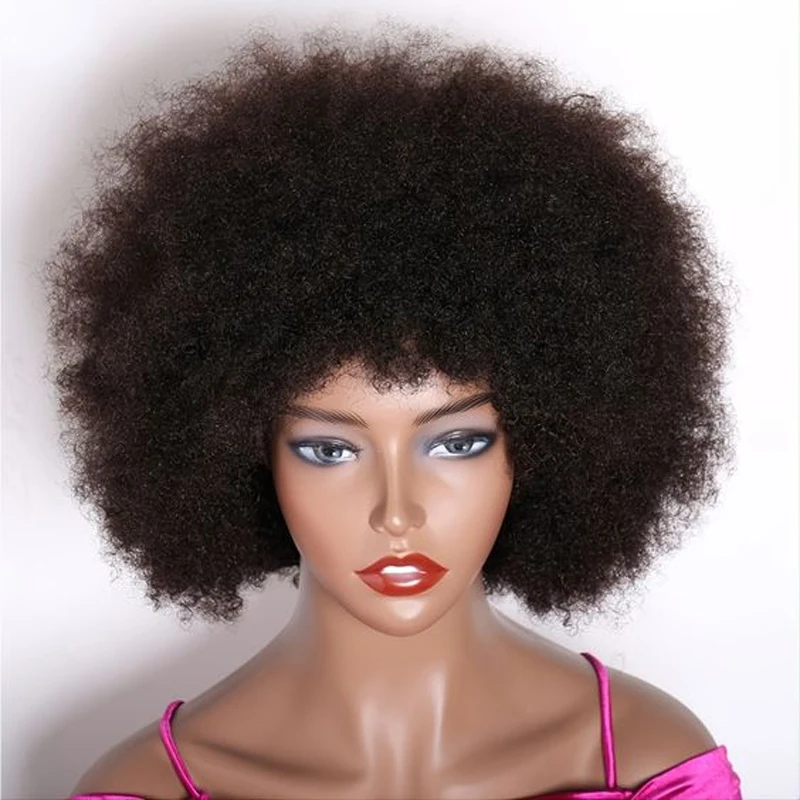 Peruca afro com Franja para mulheres, marrom, anos 70, aparência natural, enorme, excêntrico, encaracolado, curto, cabelo bouncy, diário, uso de festa