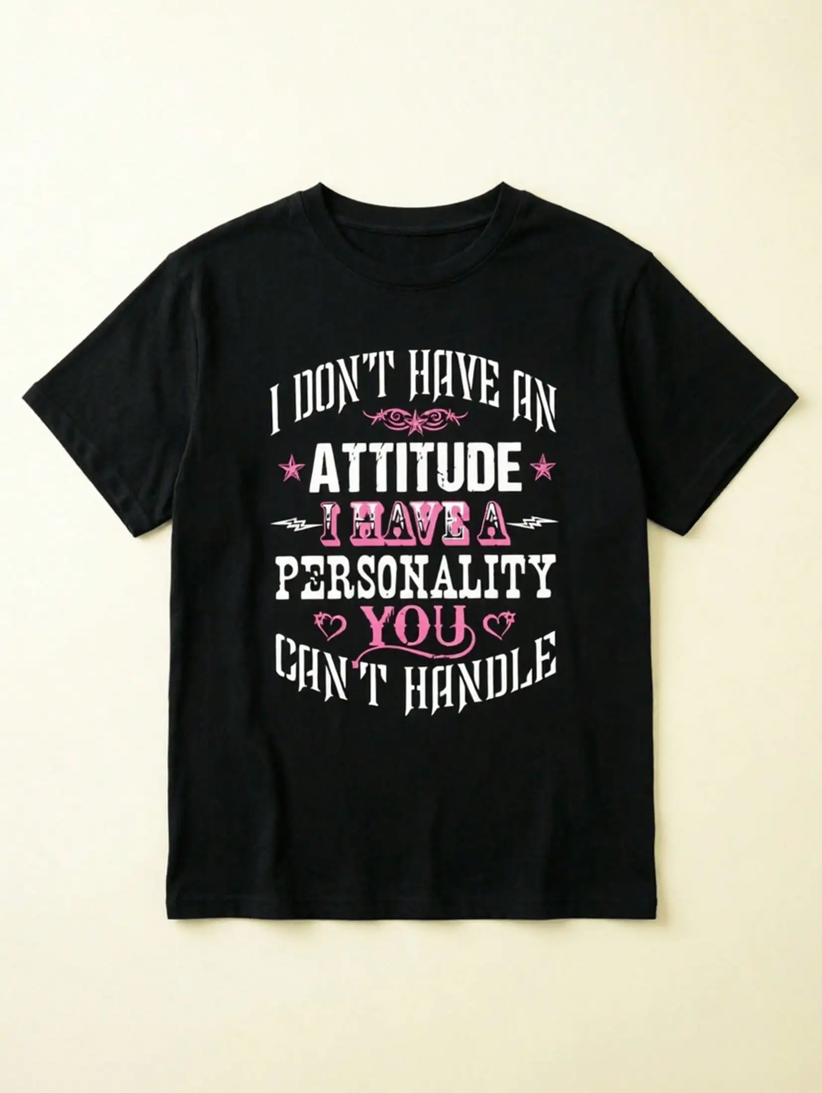 Men's Women's Summer Slogan Printed Round Neck Drop-Shoulder Loose Casual T-Shirt I DON'T HAVE AN ATTITUDE Graphic Tees,Black Pink,Streetwear,City Brea