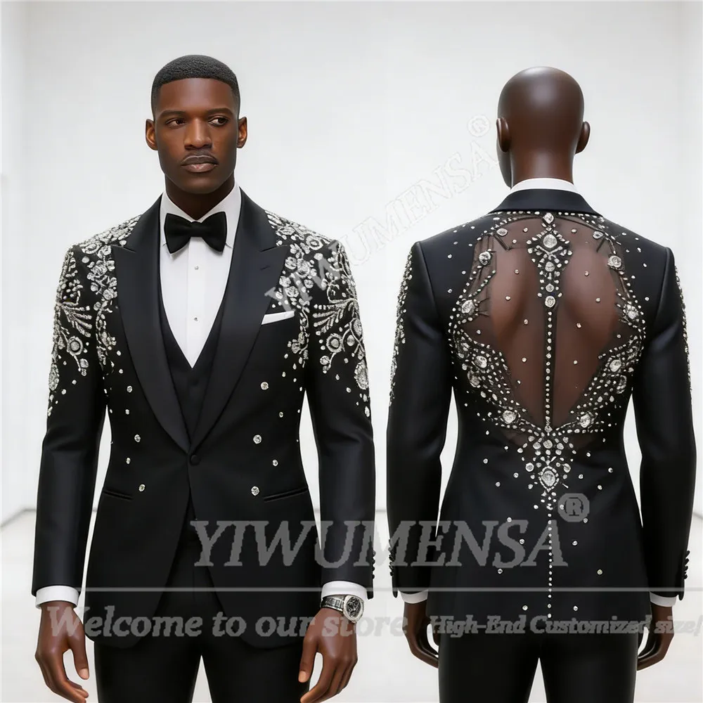 

Brilliant Beaded Crystals Men Suit Attire Illusion Desingn Prom Blazer Customized 3 Piece Set Groom Wedding Tuxedos Costume Hom