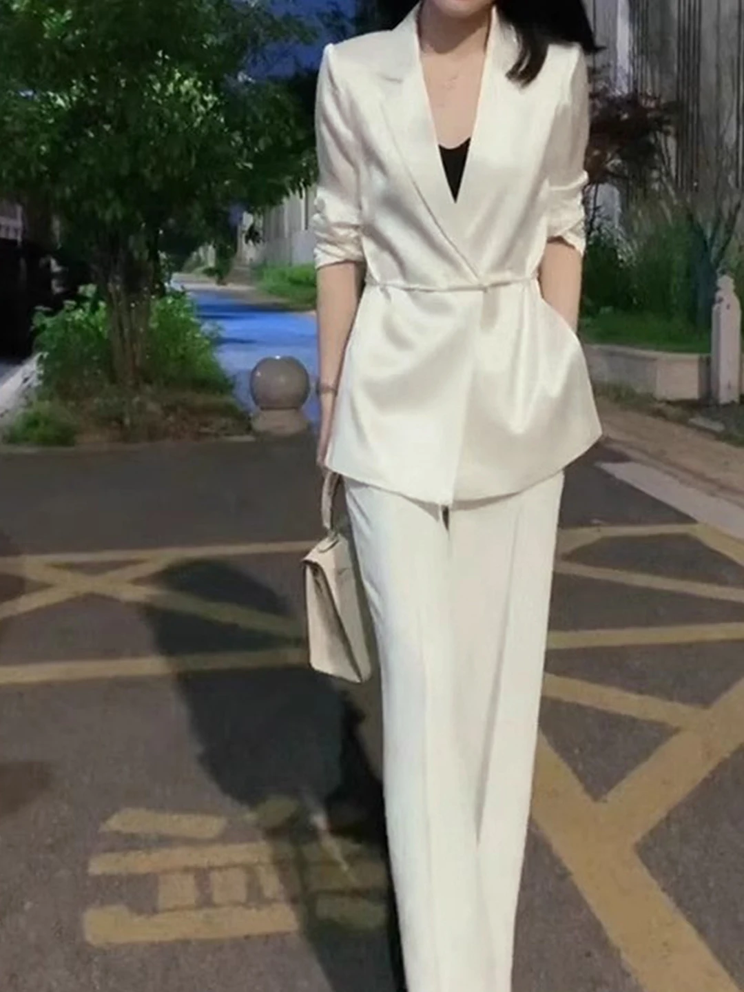 

Модный ацетатный костюм с широкими брюками, женский летний костюм 202, новый высококачественный легкий роскошный профессиональный комплект из двух предметов