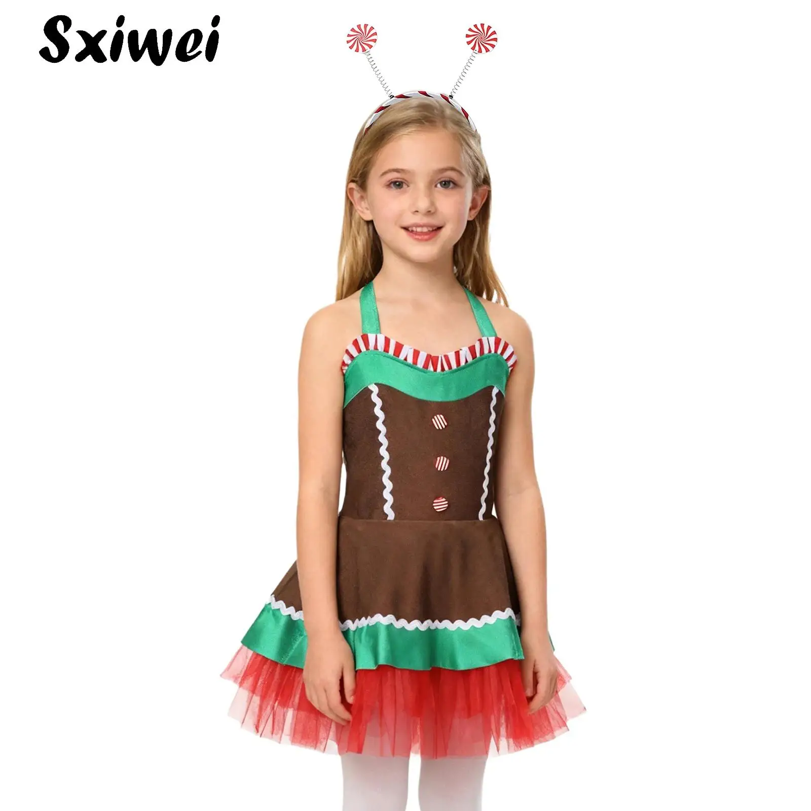 

Girls Xmas Christmas Gingerbread Man Costume Fancy Striped Mesh Skirt Figure Skating Ballet Dance Leotard Tutu Dress Dancewear