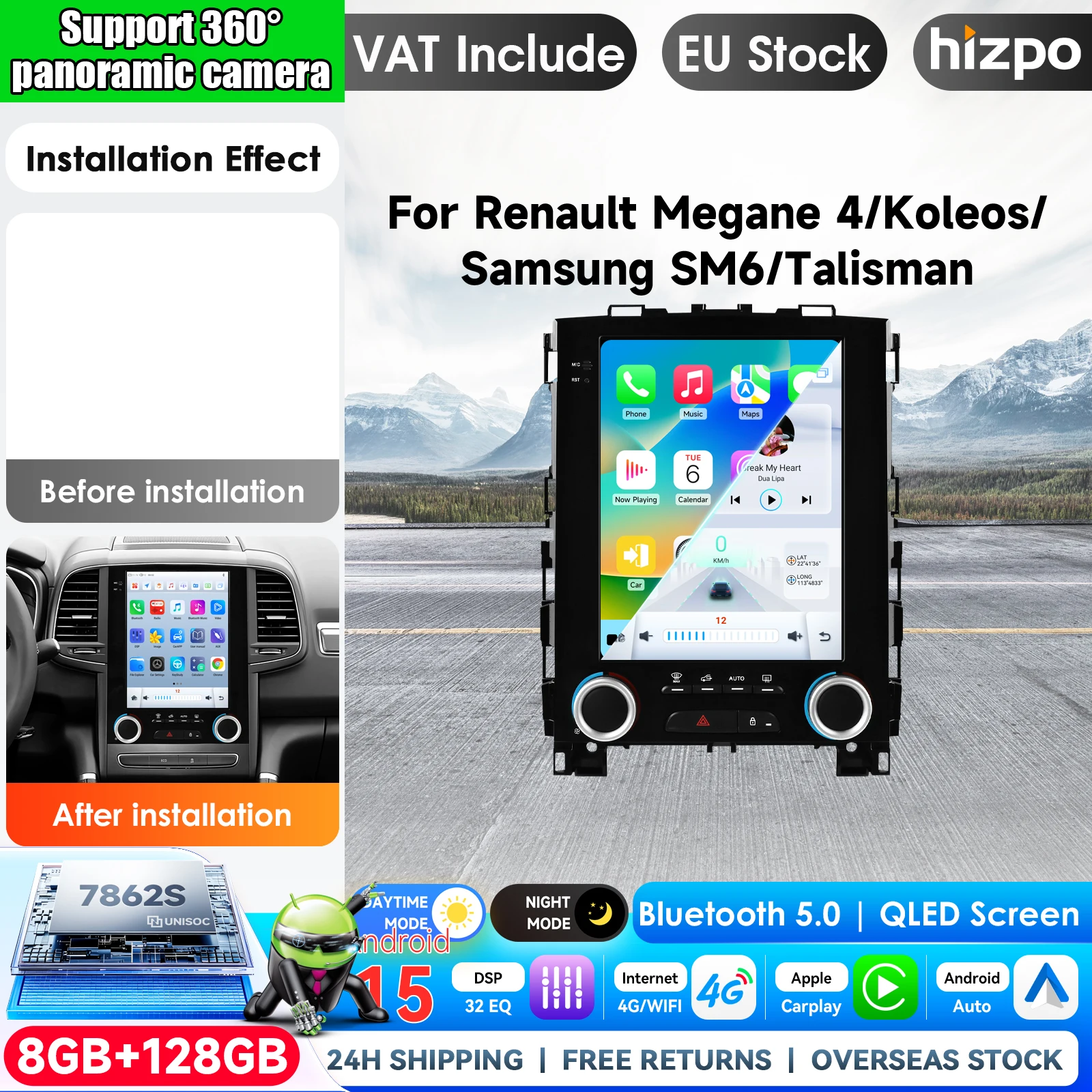 Hizpo 9.7 pouces pour autoradio de style Tesla pour Renault Megane 4 Renault Koleos Samsung SM6 Talisman 2017-2019 Android Auto 4G Carplay sans fil DSP Lecteur multimédia 2Din Autoradio Navigation GPS Systèmes intelligents IA pour voiture Autoradio Vidéo RDS