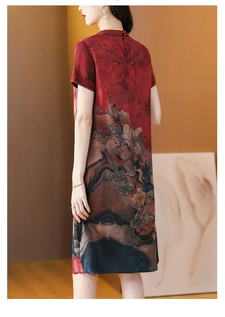 

Шелковое винтажное платье-Ципао с цветочным принтом, платье с коротким рукавом, китайское облегающее длинное платье до колена с круглым вырезом, женское длинное платье на лето