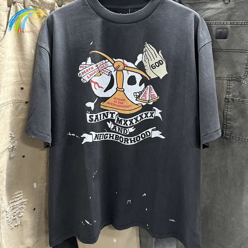 

25SS Винтажная потертая черная футболка большого размера с всплескю для мужчин и женщин Футболка высшего качества Saint The Battle Between Sacred And Evil Футболка