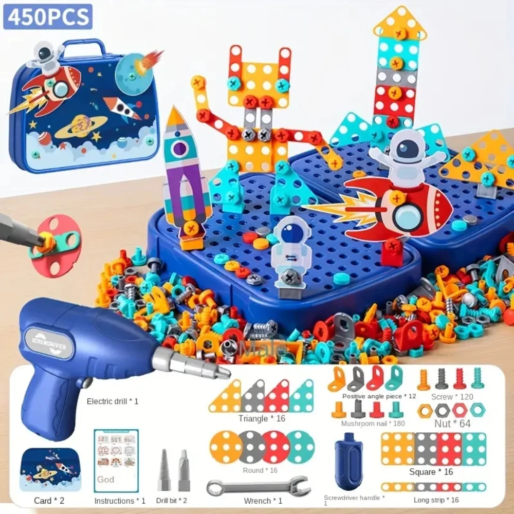 450 piezas de juego de taladro STEM para niños, rompecabezas creativos de mosaico, bloques de construcción educativos, kit de ingeniería con destornillador para niños y niñas