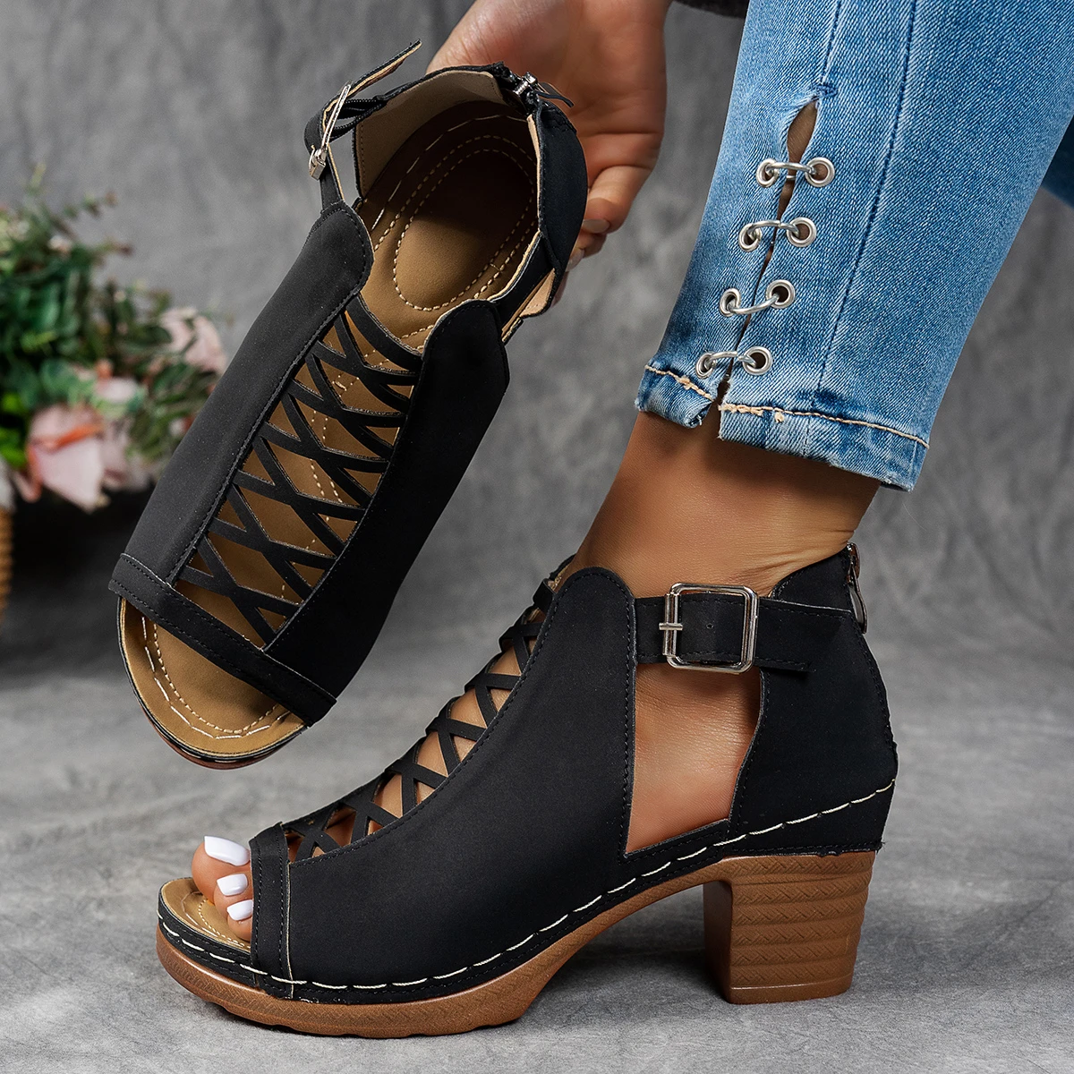 Women Summer Elegant Sandals Thick Heel Wedge Chunky High Heels Sandals Open Toe Hollow Cross Bundled Wedding Shoes for Women image 4