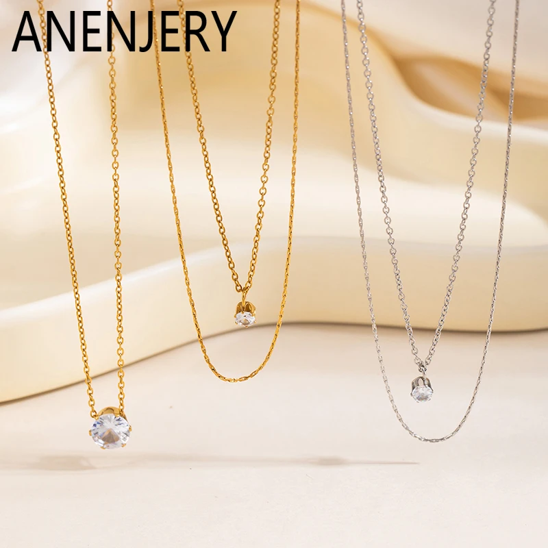 ANENJERY 316L Stainless Steel Zircon Pendant Necklace For Women Simple Versatile Korean Luxury Design Wedding Jewelry Gifts