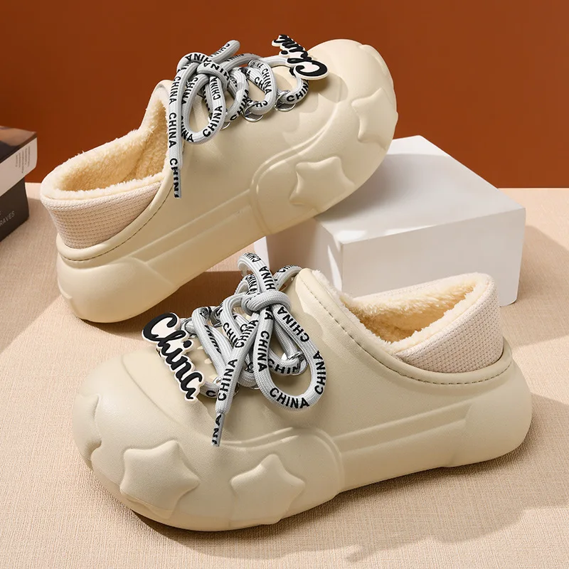 

couple winter Colgs with Shoelace Slippers Men Waterproof Garden Shoes Home Fur Clogs Soft Plush Slippers Outdoor Fuzzy Shoes