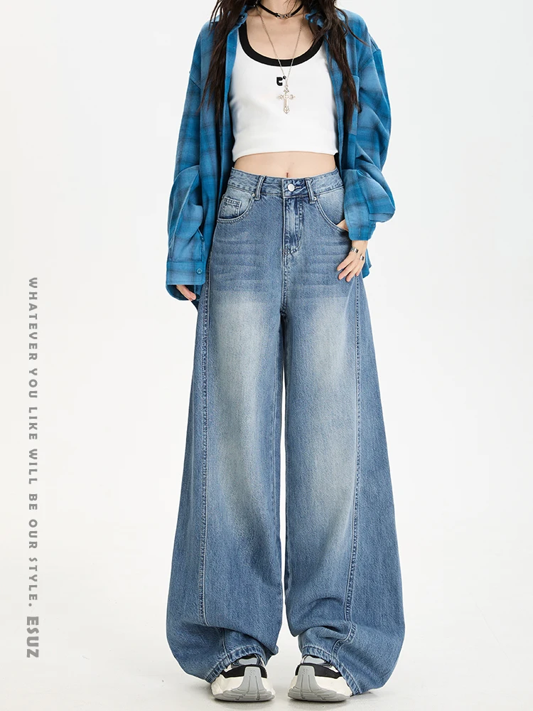 

Американские ретро синие джинсы с ножом женские с высокой талией свободные утягивающие драпированные широкие брюки длиной до пола повседневные хлопковые джинсовые брюки