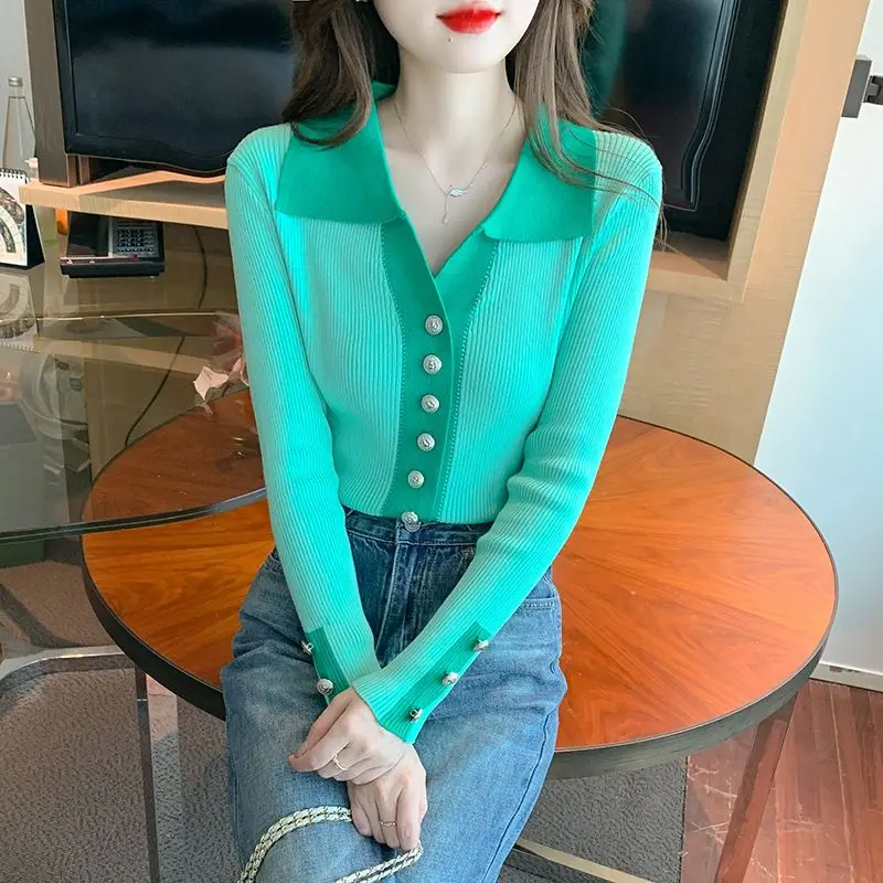 Korean Version Contrasting Polo Collar Base Shirt Autumn New Fashion Slim Fit Versatile Knit Shirt