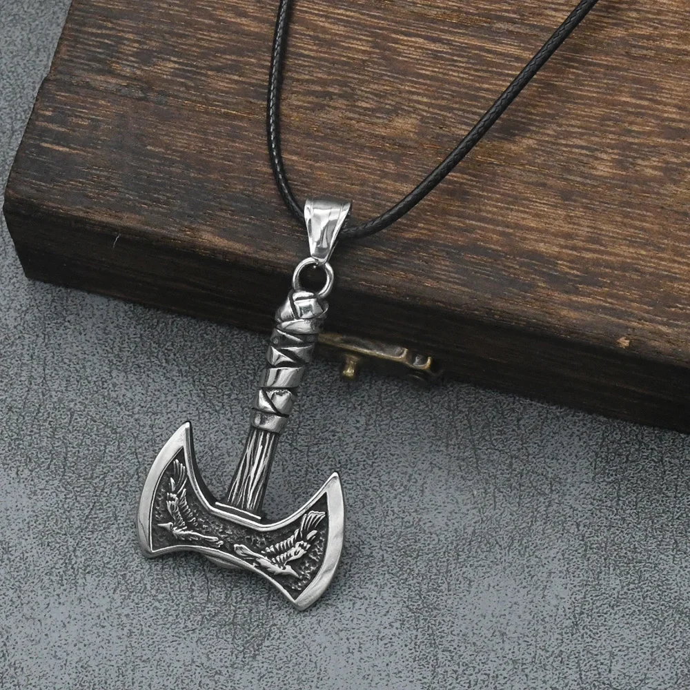 Odin Raven Double Axe Vintage Viking Pendant Stainless Steel Celt Knot Necklace Men\'s Scandinavian Jewelry Gift