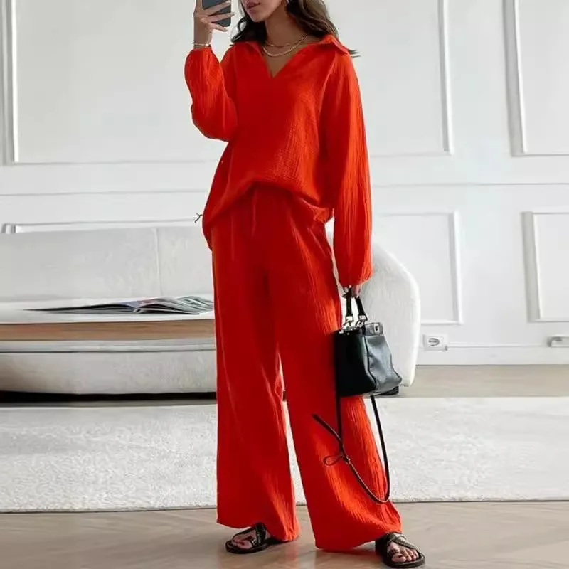 Casual Long Sleeve Tops And Pant Sets Women 2024 Fashion V Neck Shirts Wide Leg Pants New In 2 Piece Sets Women Outfit Elegant