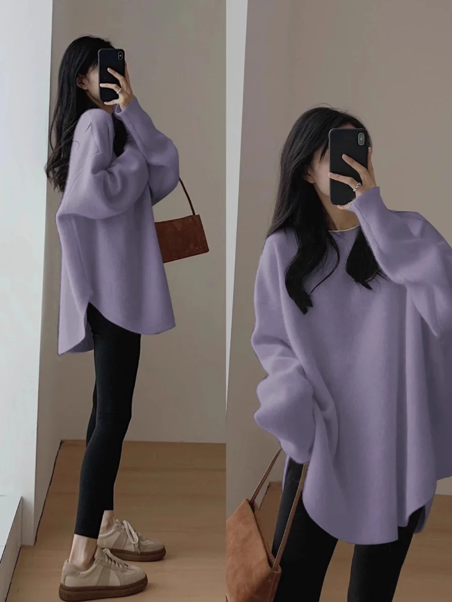 ルーズニットセーター女性のミッドレングスオーバーサイズキャンディパープルソフト居心地の良いトップ韓国スタイル長袖ラウンドネックプルオーバー