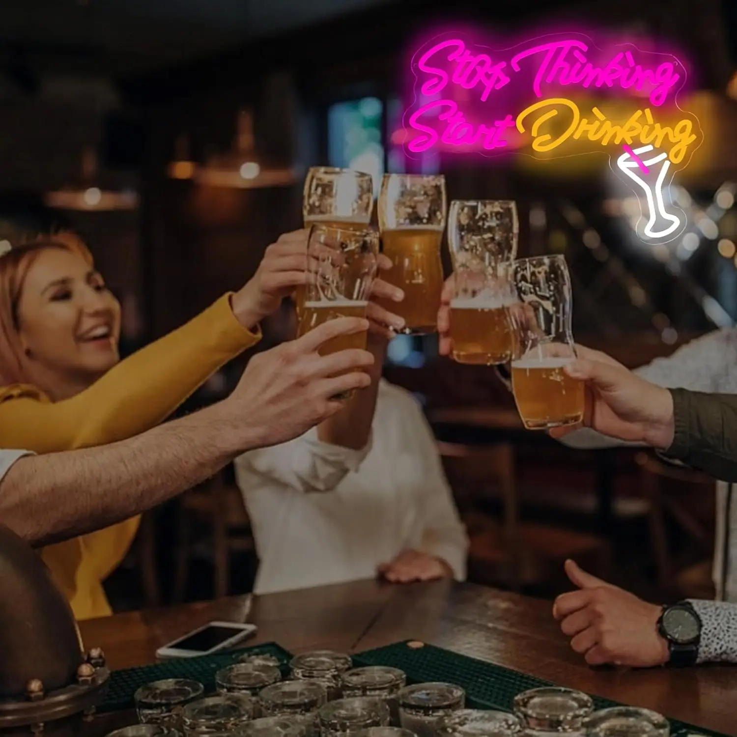Stop Thinking Start Drinking! USB Powered LED Neon Beer Sign for Home Bar Wall Decor, Man Cave, Pub, Restaurant & Party