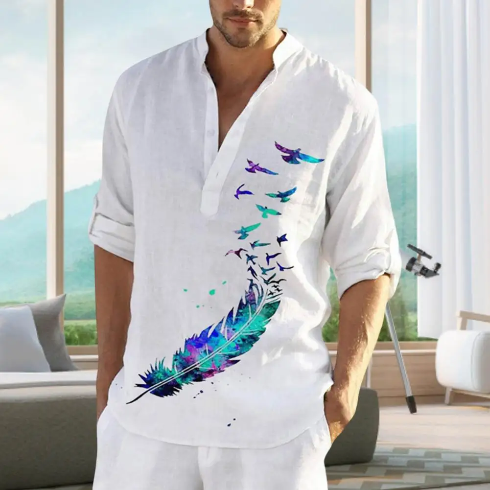 Plus Size Mens Long Sleeve Casual Shirts Male Fashion Top Pullovers Sexy Men clothing 2022 Summer New Feather Birds Print Blouse