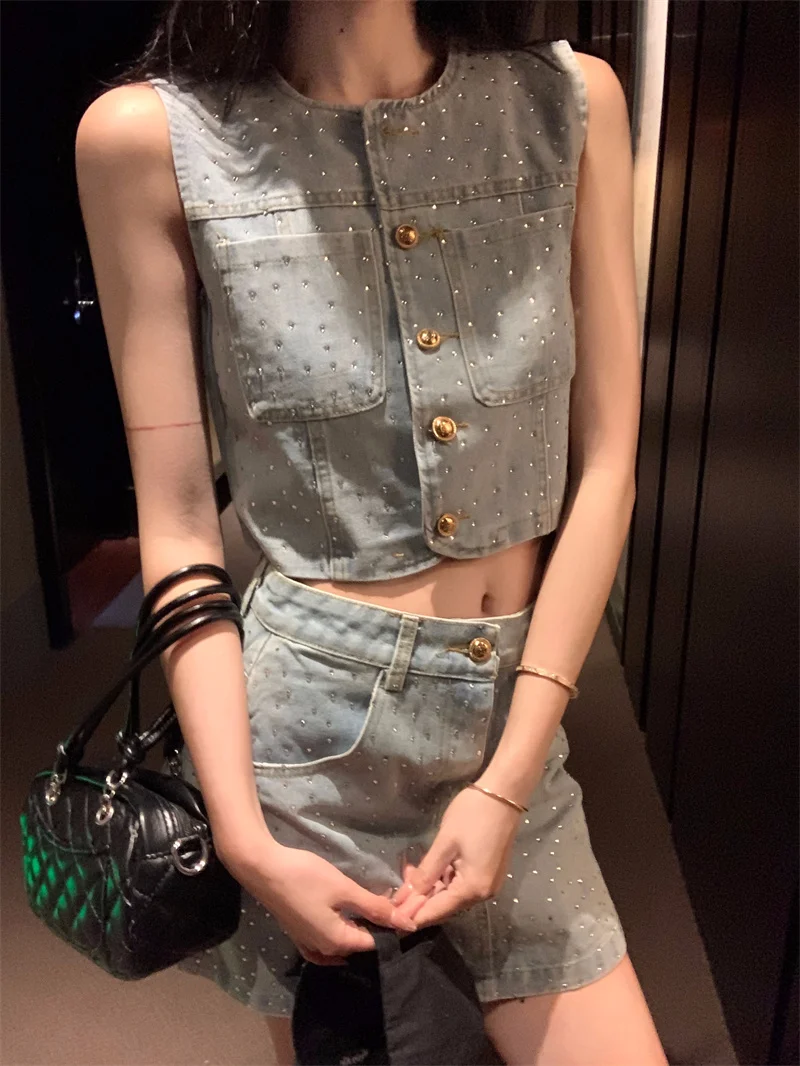

Gothiscyn American Style Women's Summer Diamond Sleeveless Denim Jacket High Waisted Skirt Two-piece Set Fashion Female Clothes