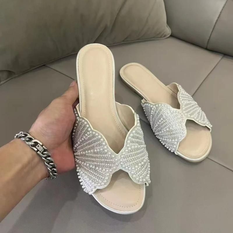 Summer Outside Shoes Peep Toe Women Sandals Casual Beach Comfortable Slides Embellished Shell Studded Diamond Flat Slippers