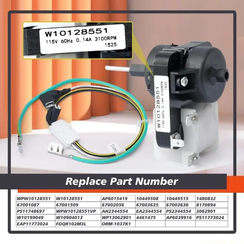 D0AB Quiet Refrigerator Fan Assembly for W10128551 and 8170894 Precisions Cooling Component Freezer Condenser Motor