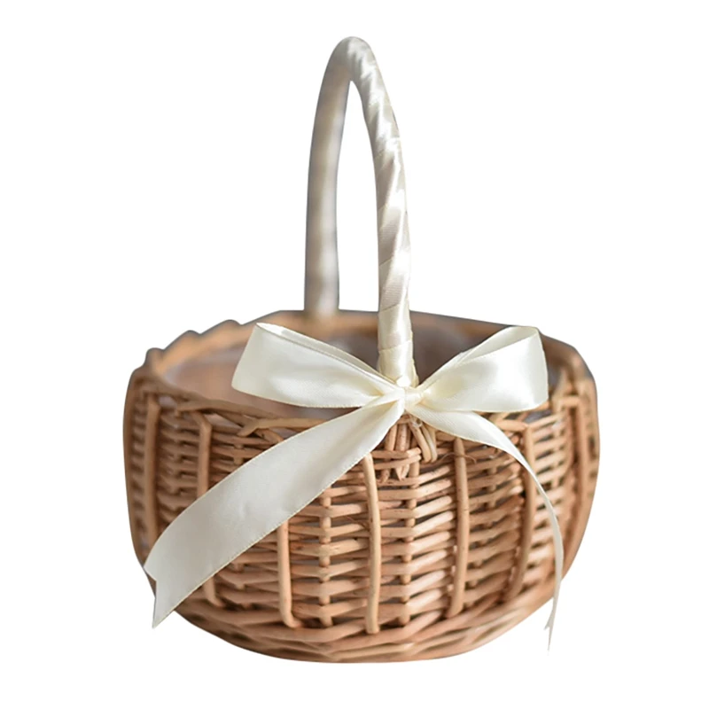 Wicker Woven Flower Basket, with Handle and White Ribbon, Wedding Flower Girl Baskets, for Home Garden Decoration(L)-A09G
