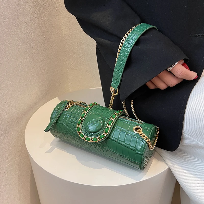 Bolso de cuero PU con forma de barril y cadena pequeña para mujer, bandolera de hombro de diseñador de lujo, a la moda, 2022