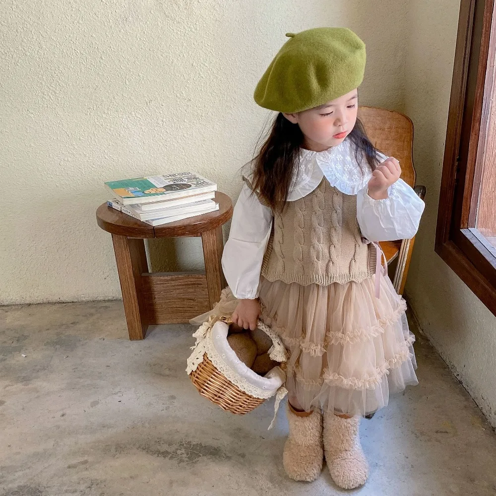 LILIGIRL الفتيات محبوك سترة 2025 الربيع والخريف جديد الكورية الفتيات Webbed سترة دون أكمام الموضة القديمة الطفل الأعلى 1-7 سنوات