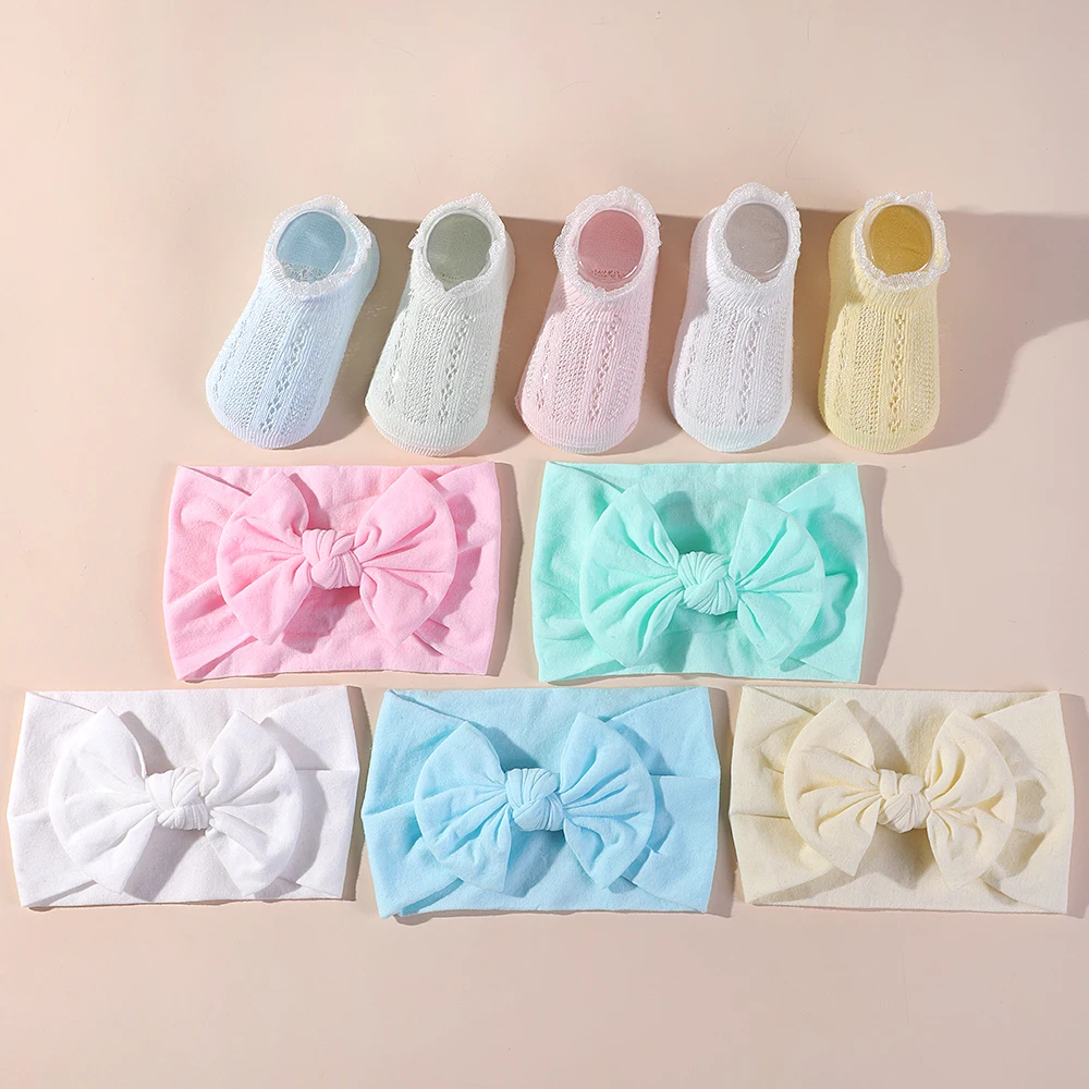 Sweet Baby Soft Socks Bows Elastic Headband Sets Candy Color Cotton Girls Breathable Socks for Children Girl Hair Accessories