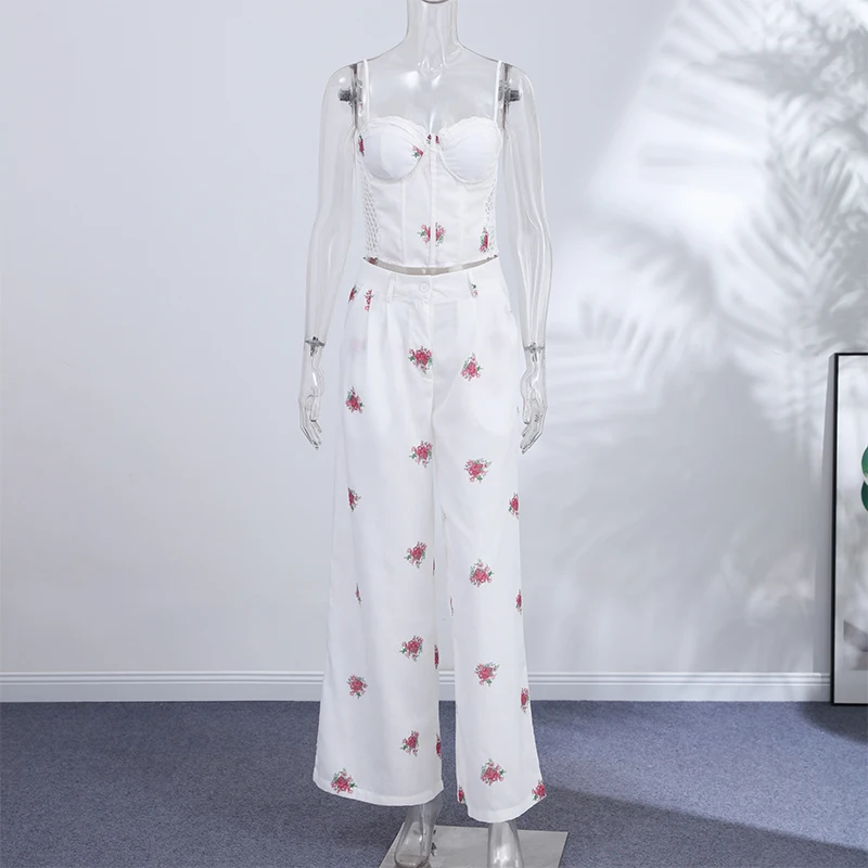 Neues Herbst-Set 2026: Schickes Blumenmuster-Hosen-Set für Damen – schmales Sling-Top, Camisole, weit geschnittene lange Hose und Jacke mit Revers und langen Ärmeln – Detail 1