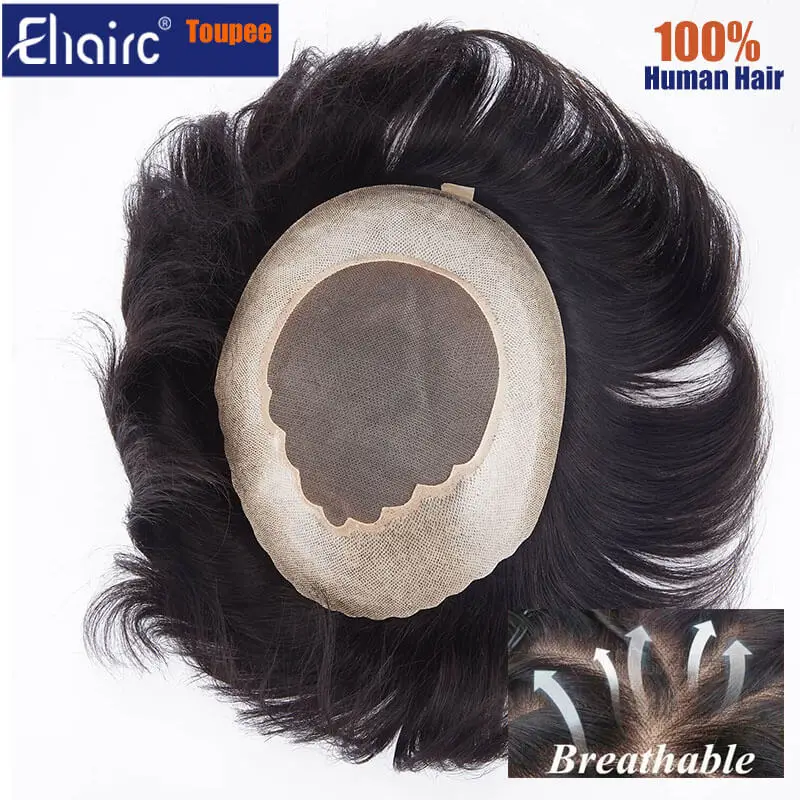 Men's Capillary Prothesis Fine Mono Lace in the Center and Durable Gauze PU Breathable Men Toupee 6