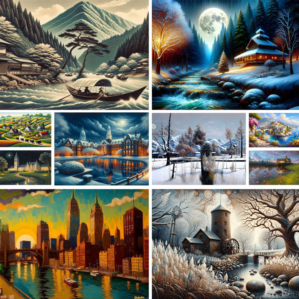 Landscape Dream House Printed Canvas Cross-Stitch Full Kit DIY Embroidery Handiwork Sewing Painting Needlework Sales Magic Gift