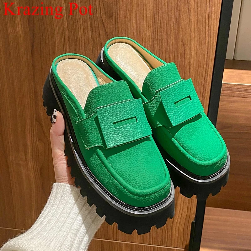 

Krazing Pot Genuine Leather Mules Round Toe High Heel Platform Four Colors Leisure Fashion Handmade Women Outside Slippers L35