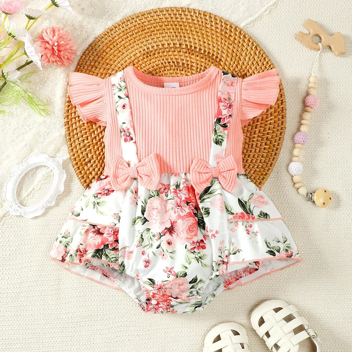 

0-24 Months Baby Girl Floral Romper Dress Fly Sleeve Summer Ribbed Bow Strap Jumpsuit Toddler Infant Fashion Girl Bodysuit