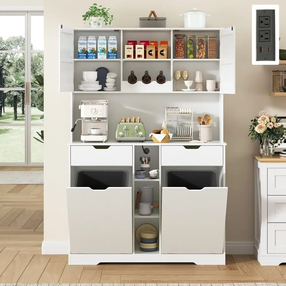

71 Kitchen Pantry Cabinet with Power Outlets, Double Deck Trash Bin, White Laundry Hamper