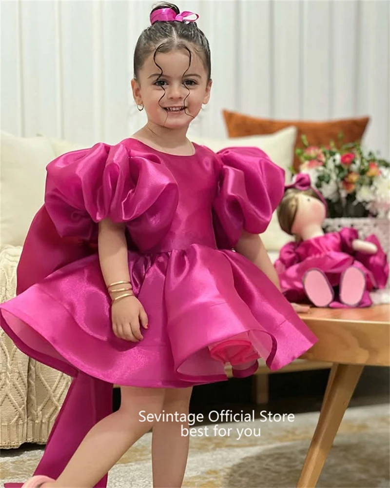 Sevintage Cute Hot Pink Baby Flower Dresses Bow Puff Sleeves Birthday Gifts Wedding Dresses For Kids ropa de niña Customized