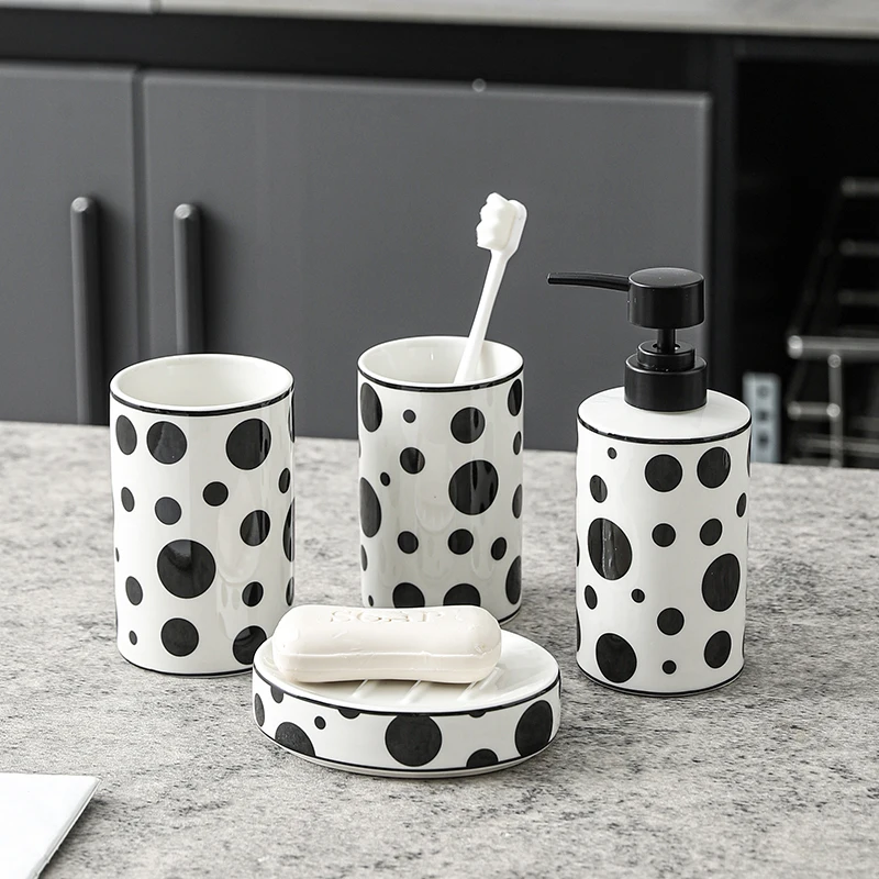 French Black-and-white Polka-dot Ceramic Bathroom Kit Emulsion Bottle Gargle Cup Bathroom Countertops Soap Dishes Home Items