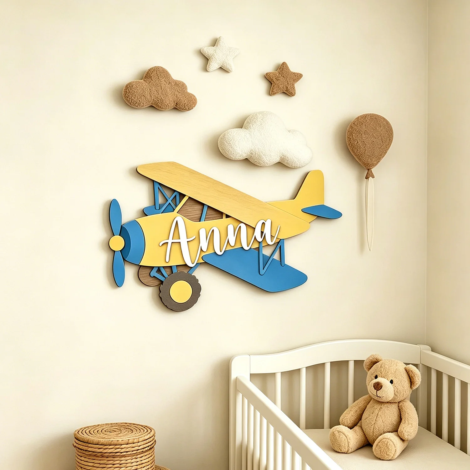 1pc Multi-layer Customizable Wooden Airplane Name Tag, Wall Decoration, Airplane Theme, Children's Room Decoration,Birthday Gift