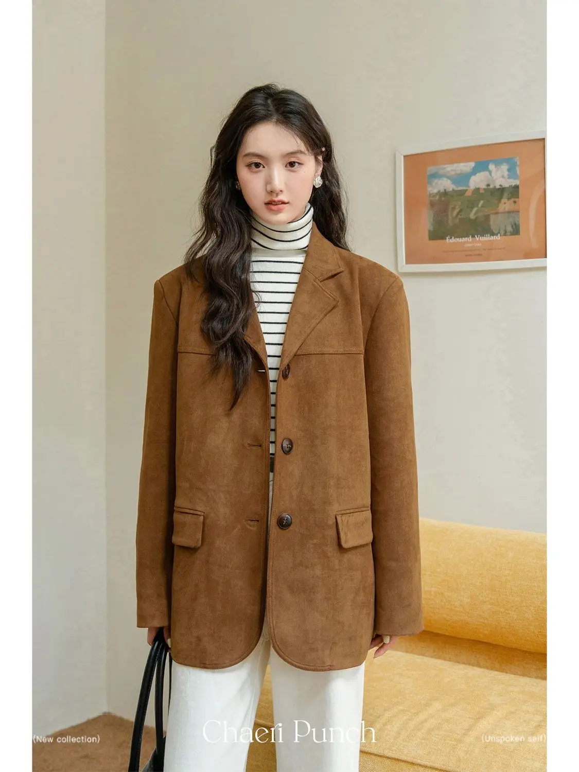 

Hong Kong Rtyle Retro Coffee Suede Blazer Jacket Women's Spring Autumn New Korean Loose All-Match Suits Coat Female Outwear Tops