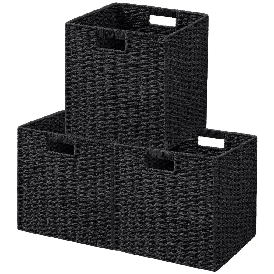 

3 Pack Wicker Basket, 11L11H10.5W inch Woven Paper Rope Storage Baskets for shelves, Foldable Cube Storage bin with Handle, Stor