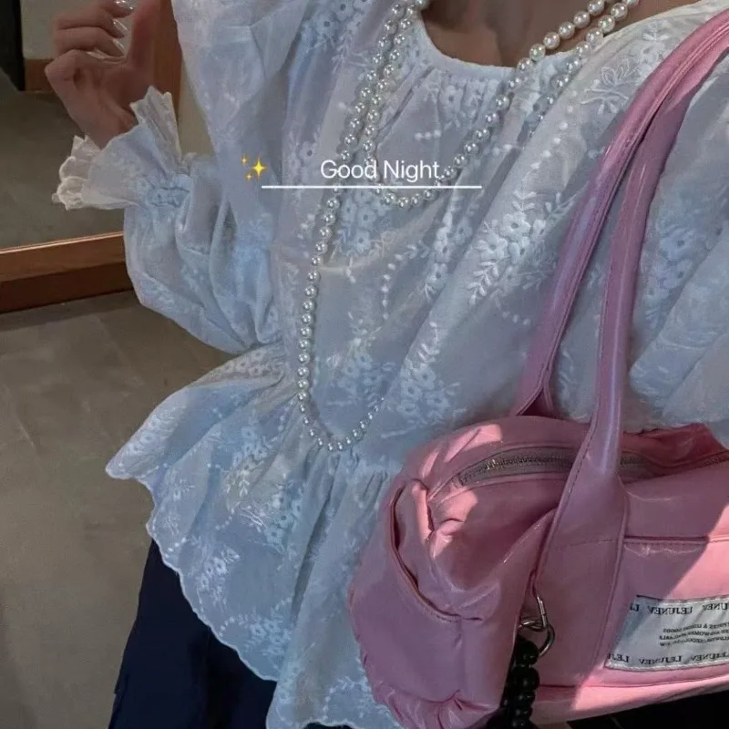 Blusa feminina estilo coreano em torno do pescoço bordado babados cintura pura colheita topo outono novo simples camisas de manga longa senhora