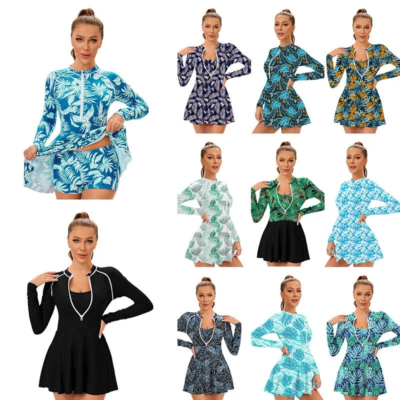 

New Printed Three Piece Split Bathing Suit Women Long Sleeve High Waisted Tankini Swimwear plus size swimwear bathing suit women