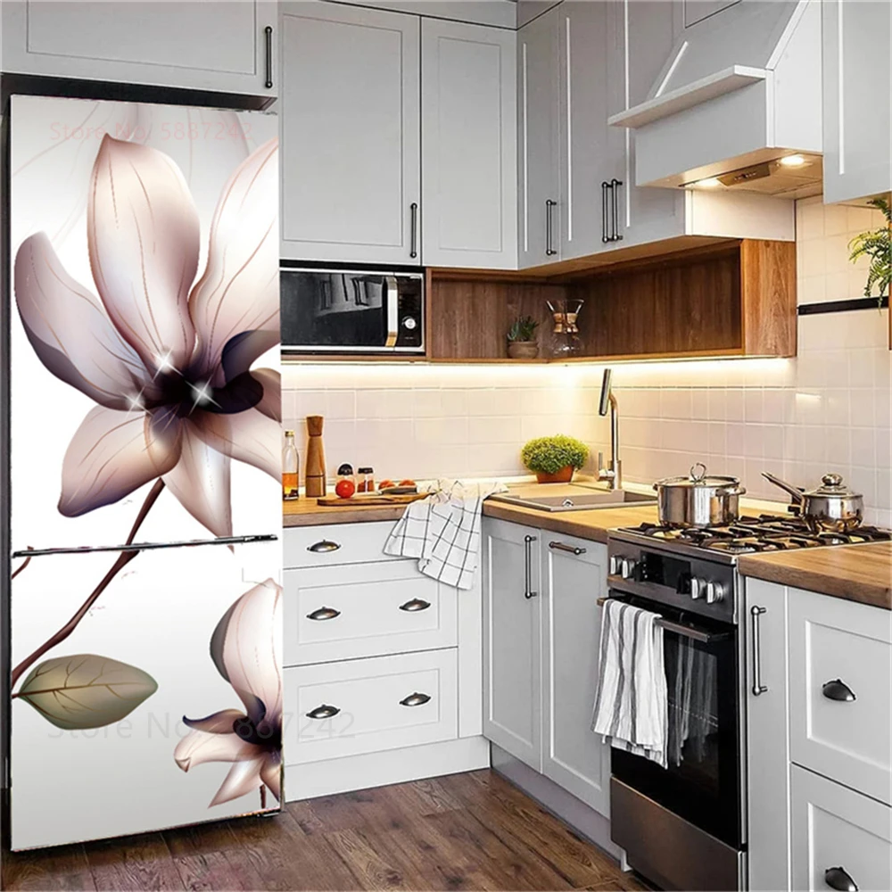 3D Marble Flower Fridge Stickers Door Cover Adhesive Refrigerator Wallpaper Vinyl Custom Freezer Film Decor Decal Mural Kitchen