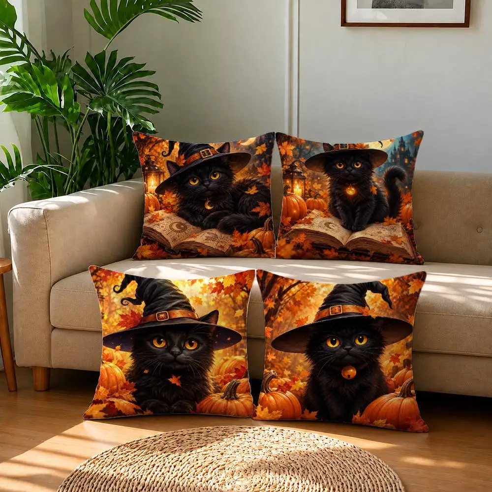 Spooky Art Halloween Witch Black Cat Cushion Cover Short Plush Pillowcase, Sofa Bedroom Home Decor & Holiday Gift